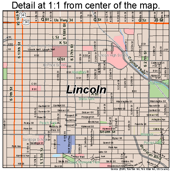Lincoln, Nebraska road map detail. Detail at 1:1 from center of map