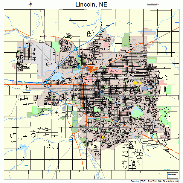 Lincoln, NE street map. Choice of 18, 24, or 36 inch printed map