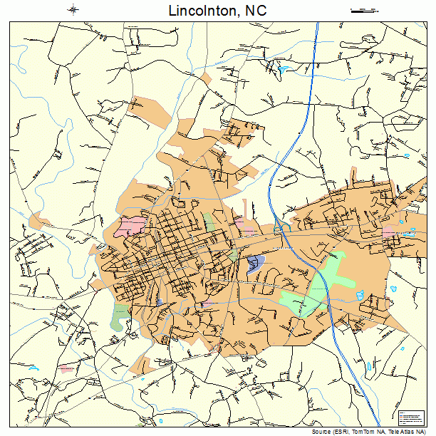 Lincolnton, NC street map. Choice of 18, 24, or 36 inch printed map