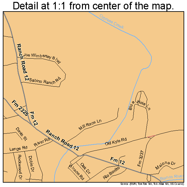 Wimberley, Texas road map detail. Detail at 1:1 from center of map