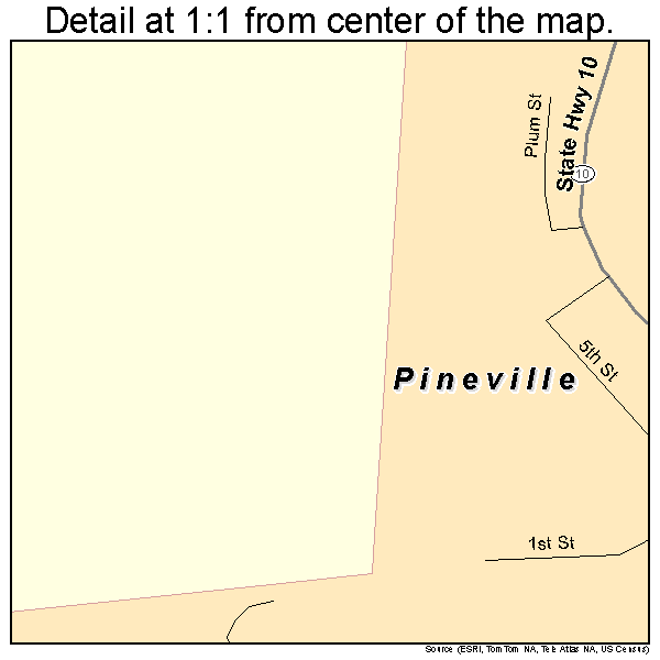 Pineville, West Virginia road map detail. Detail at 1:1 from center of map. Displays approximate resolution of the Street Map