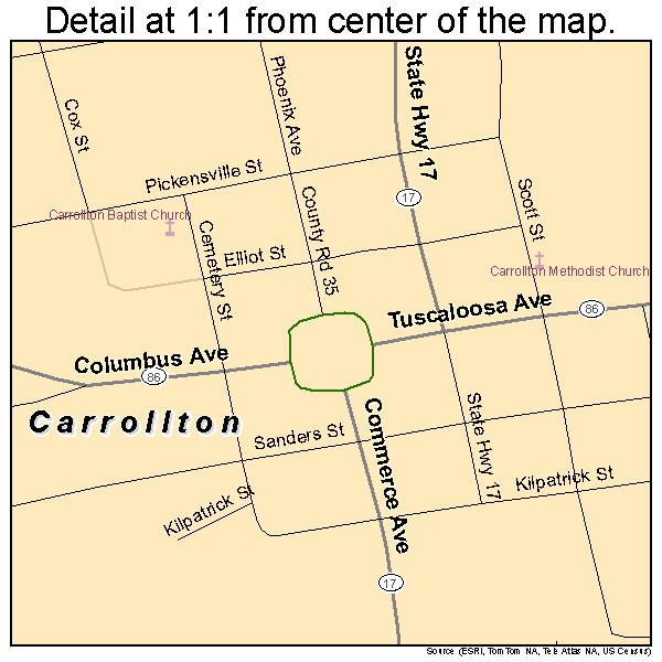 Carrollton, Alabama road map detail