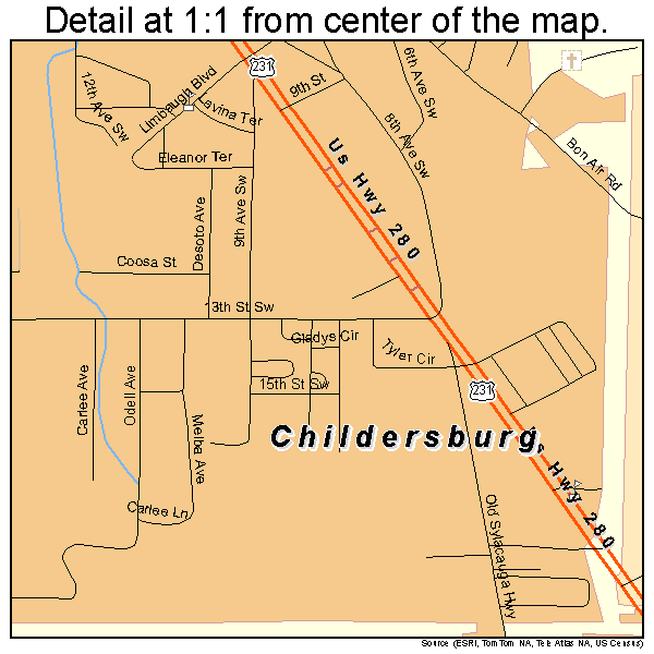 Childersburg, Alabama road map detail