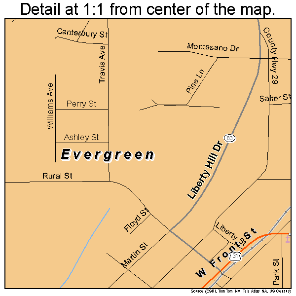 Evergreen, Alabama road map detail