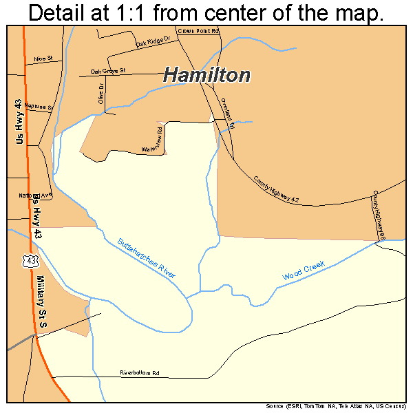 Hamilton, Alabama road map detail