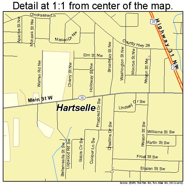 Hartselle, Alabama road map detail