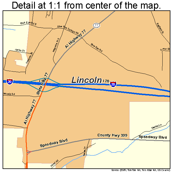 Lincoln, Alabama road map detail