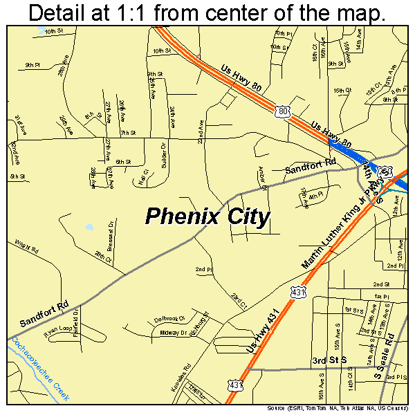 Phenix City, Alabama road map detail