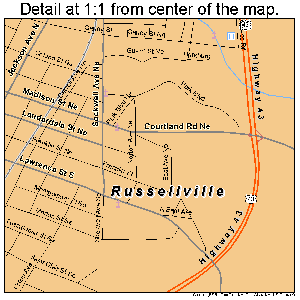 Russellville, Alabama road map detail