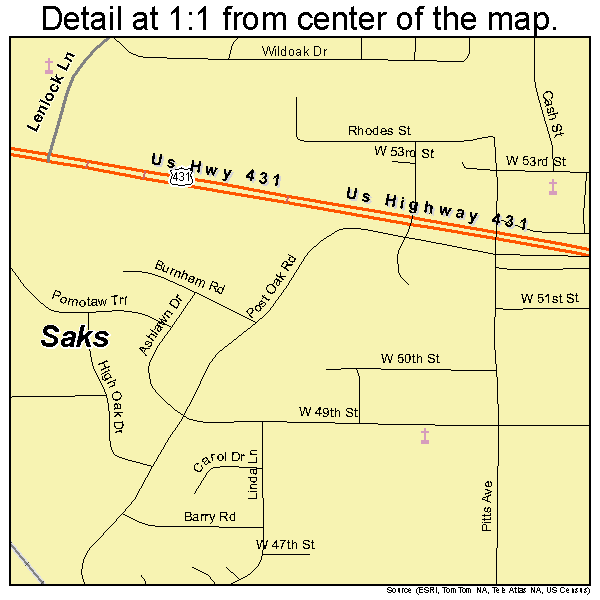 Saks, Alabama road map detail