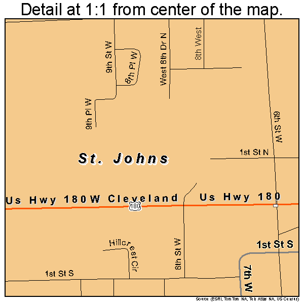 St. Johns, Arizona road map detail