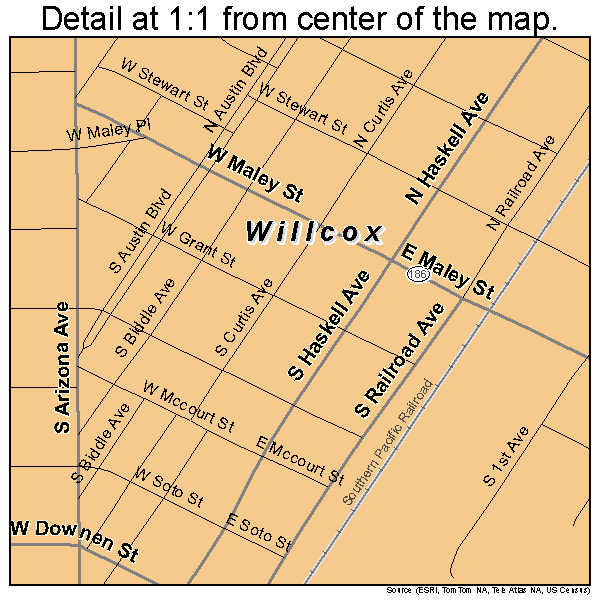 Willcox, Arizona road map detail