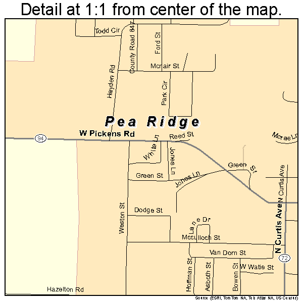 Pea Ridge, Arkansas road map detail