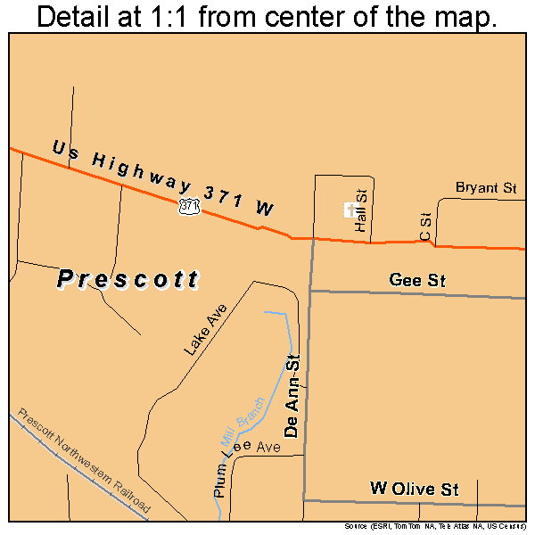Prescott, Arkansas road map detail