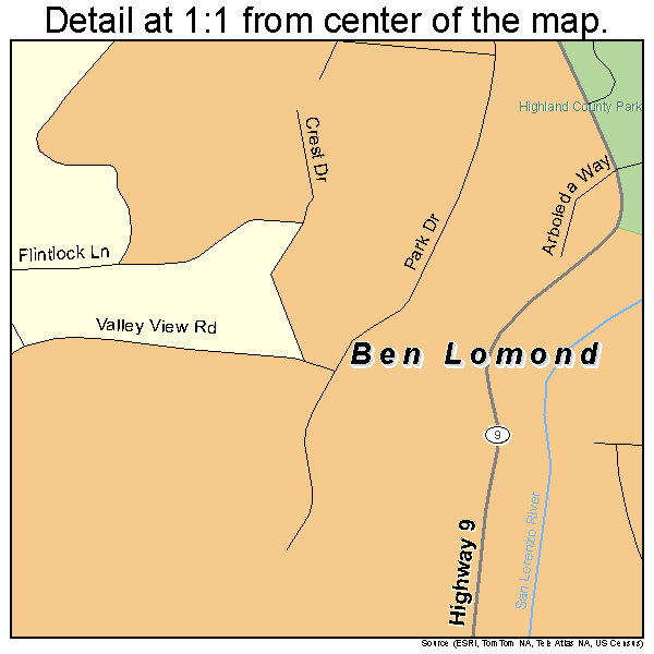 Ben Lomond, California road map detail