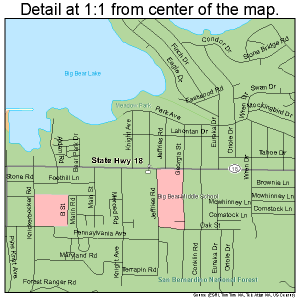 Big Bear Lake, California road map detail