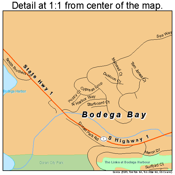 Bodega Bay, California road map detail
