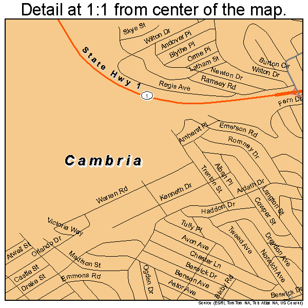 Cambria, California road map detail