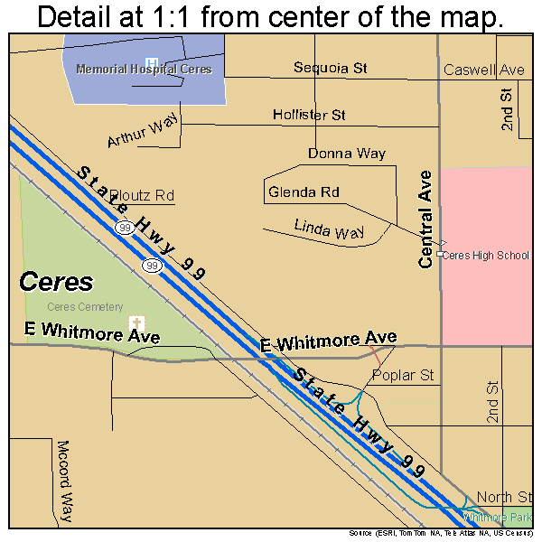 Ceres, California road map detail