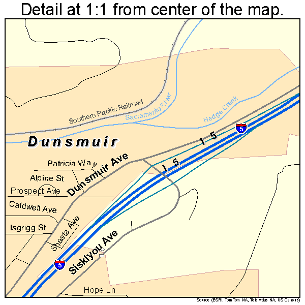Dunsmuir, California road map detail