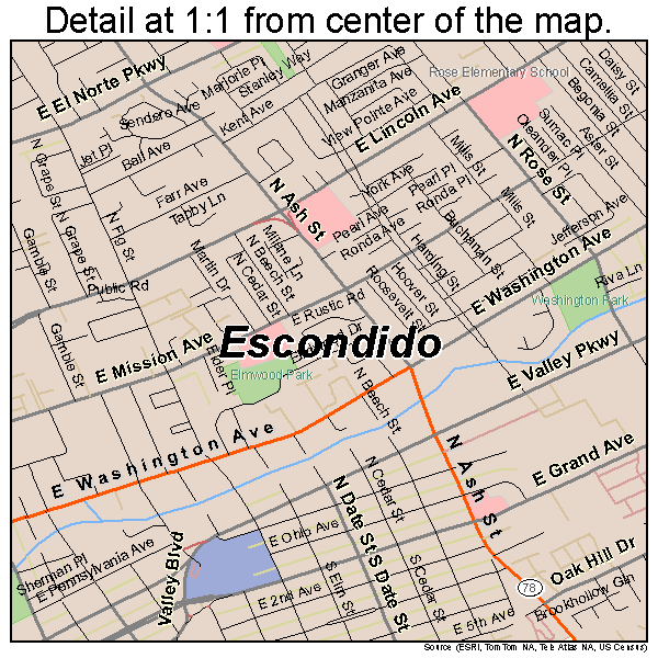 Escondido, California road map detail