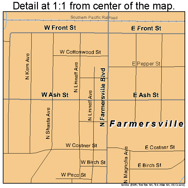 Farmersville, California road map detail