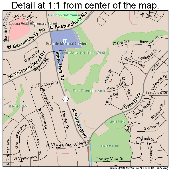 Fullerton, California road map detail