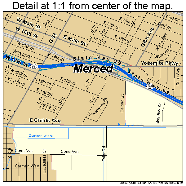 Merced, California road map detail