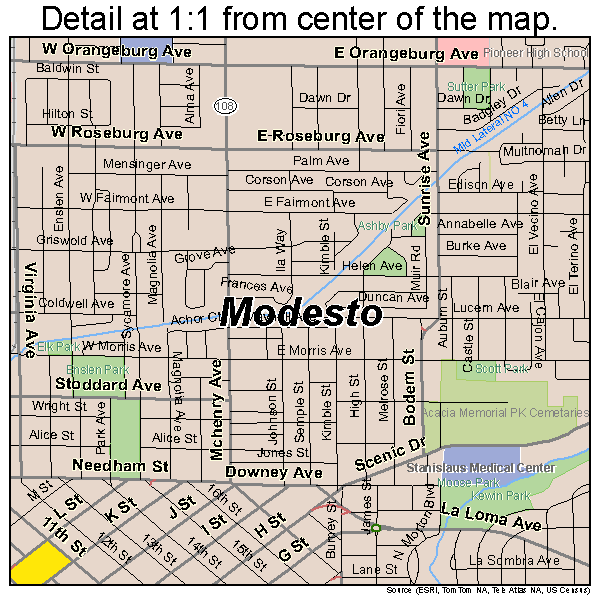 Modesto, California road map detail