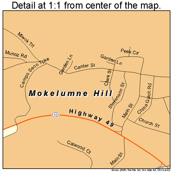 Mokelumne Hill, California road map detail