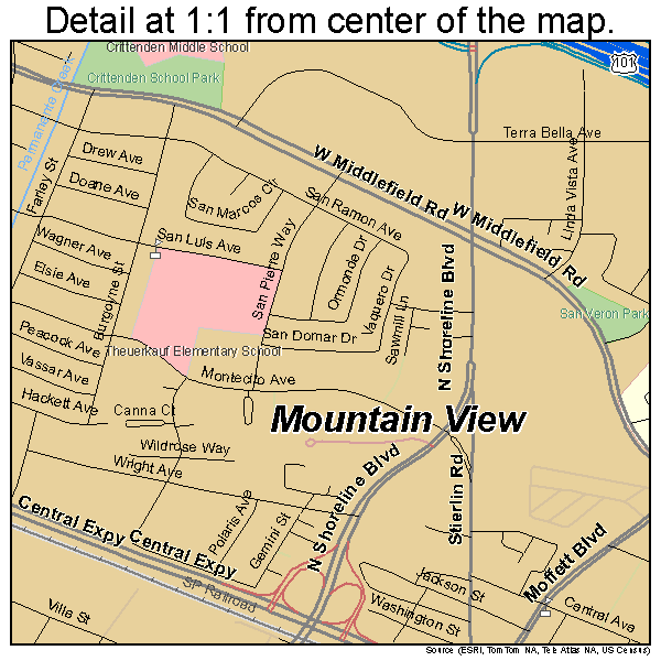 Mountain View, California road map detail