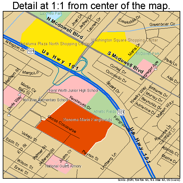 Petaluma, California road map detail