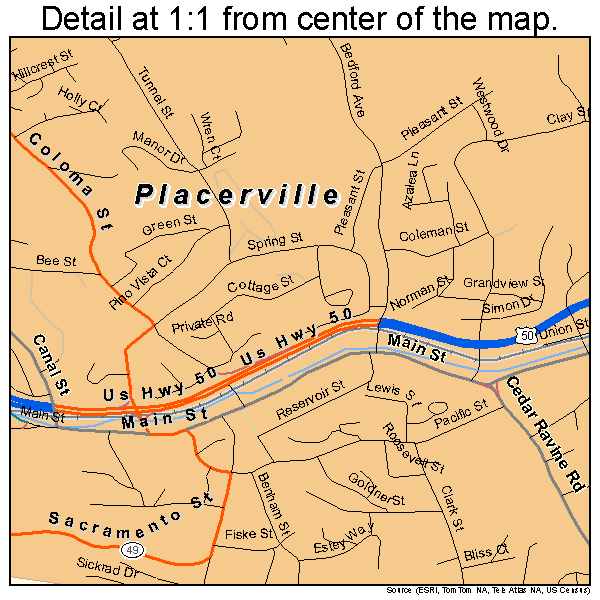 Placerville, California road map detail