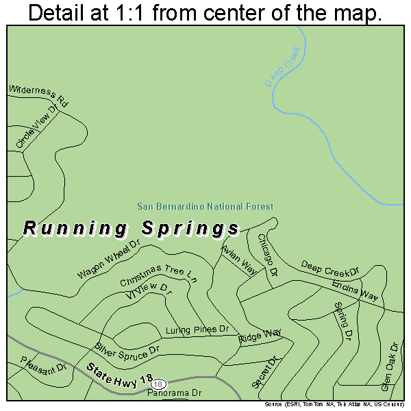 Running Springs, California road map detail