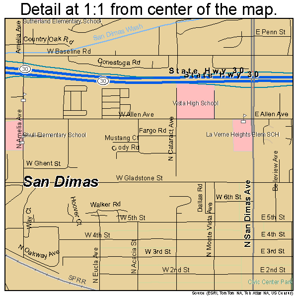 San Dimas, California road map detail