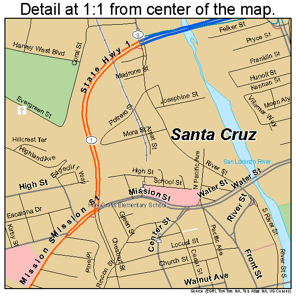 Santa Cruz, California road map detail