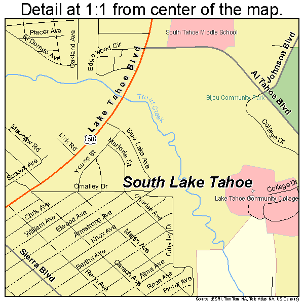 South Lake Tahoe, California road map detail