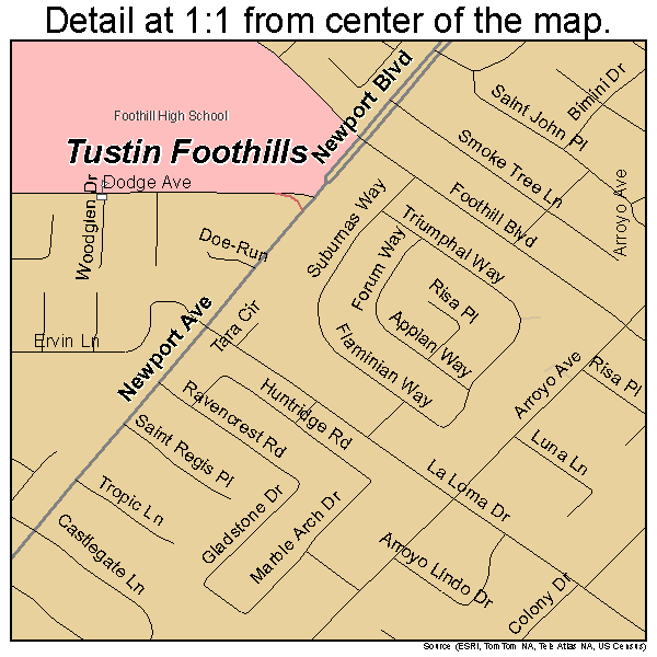 Tustin Foothills, California road map detail