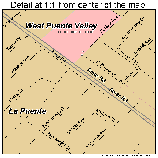 West Puente Valley, California road map detail