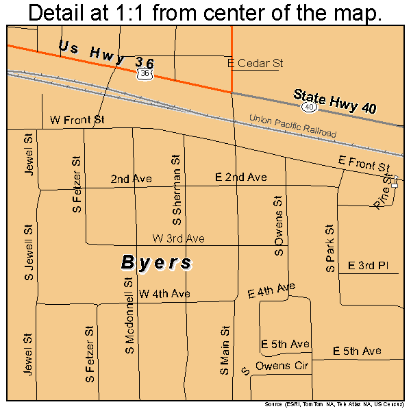 Byers, Colorado road map detail