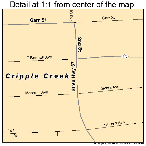 Cripple Creek, Colorado road map detail