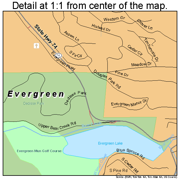 Evergreen, Colorado road map detail