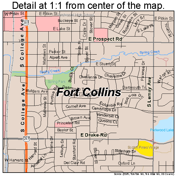 Fort Collins, Colorado road map detail