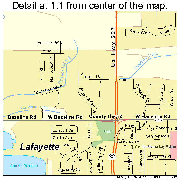Lafayette, Colorado road map detail