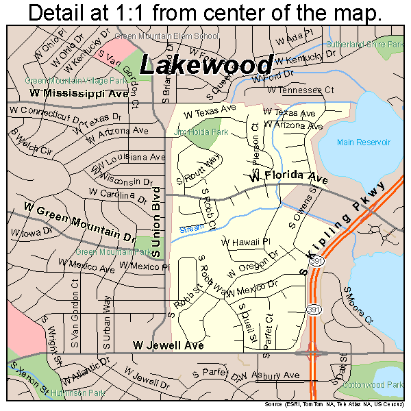 Lakewood, Colorado road map detail