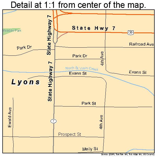 Lyons, Colorado road map detail
