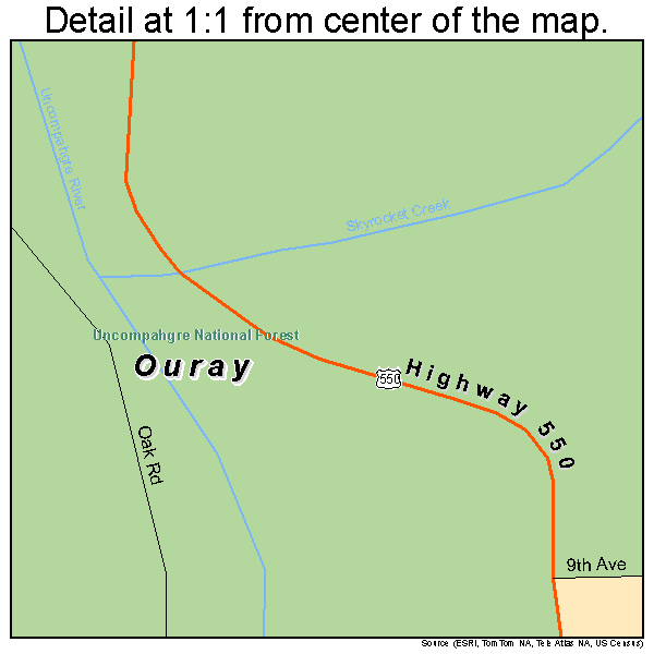 Ouray, Colorado road map detail