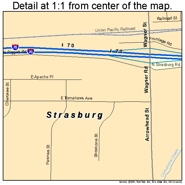 Strasburg, Colorado road map detail