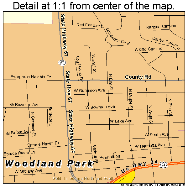 Woodland Park, Colorado road map detail