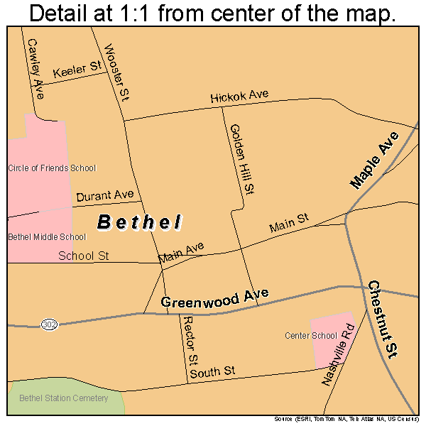 Bethel, Connecticut road map detail